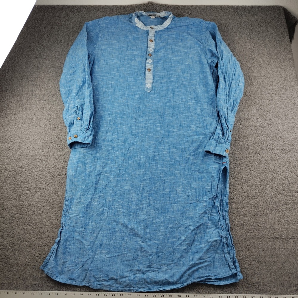 Fabindia Cotton Kurta Tunic Sz XL Slim Fit Blue Long Sleeve Band Collar EUC